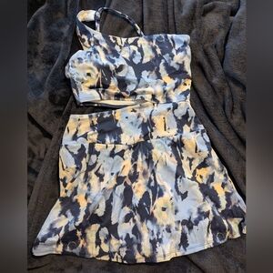 One-Shoulder Abstract Print Women’s One-Piece Swim Set - Blue/Black